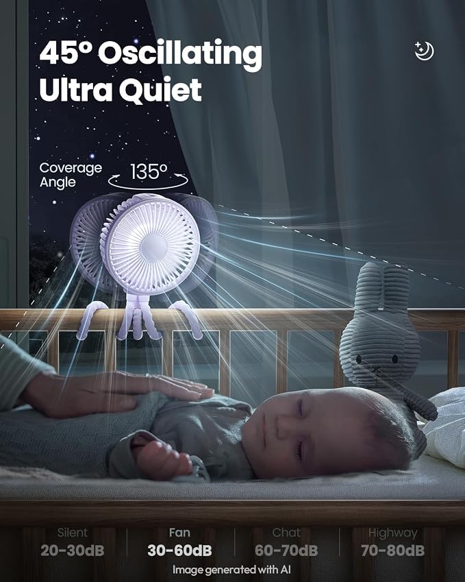 Gaiatop Oscillating Baby Stroller Fan with LED Lights, Rechargeable Purple | 4-Speed Quiet Cooling, 4.6 In, Battery Operated, 360° Rotate Clip On Small Portable Fans for Car Seat Crib Treadmill Travel - Image 4
