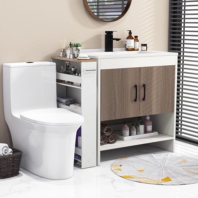 COSTWAY Slim 4-Tier Rolling Utility Cart, Wooden Shelving Unit with Handle & Wheels, Ideal for Small Spaces - Image 9