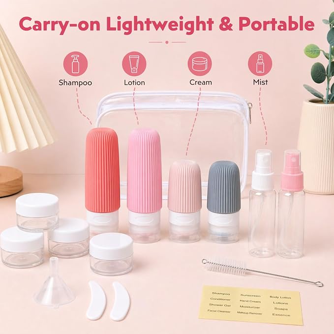 16 Pack Travel Bottles Set - TSA Approved Containers for Toiletries, Leak Proof Silicone Travel Size Containers with Jars, Spray Bottles & Clear Bag for Shampoo, Lotion - Image 6
