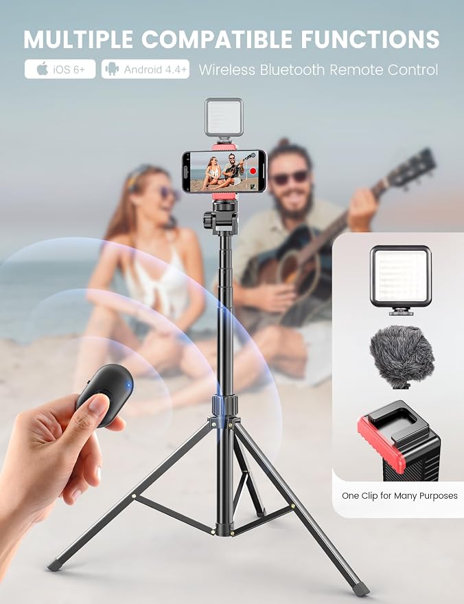 71'' Phone Tripod Stand, Extendable Reinforced Aluminum Phone Stand with Wireless Remote, Stable Cellphone Tripod Compatible with iPhone 15/14/13 Galaxy S23/S22 Huawei. - Image 4
