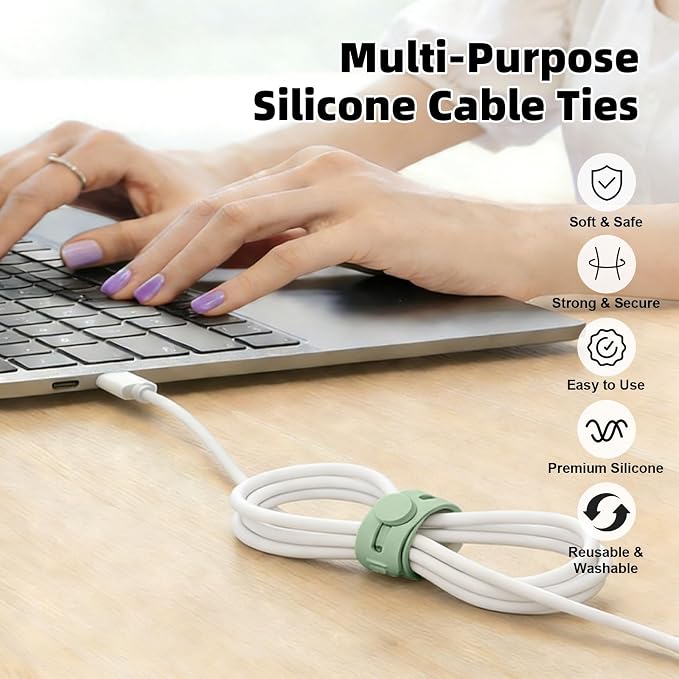 Silicone Cable Ties Reusable, Multipurpose Cable Management Organizer, Adjustable Fastening Cable Straps with Locking Buckles, High Elasticity Cord Organizer, Travel Essentials, 7 Colors - Image 6