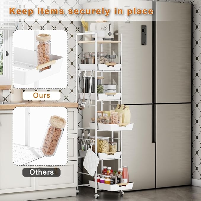 6-Tier Slim Rolling Storage Cart with Wheels, Metal Organizer Tall Rolling Cart, Wood Top Narrow Mobile Utility Cart with Pull-Out Baskets for Kitchen, Bathroom, Laundry Room, 13in(W) White - Image 2