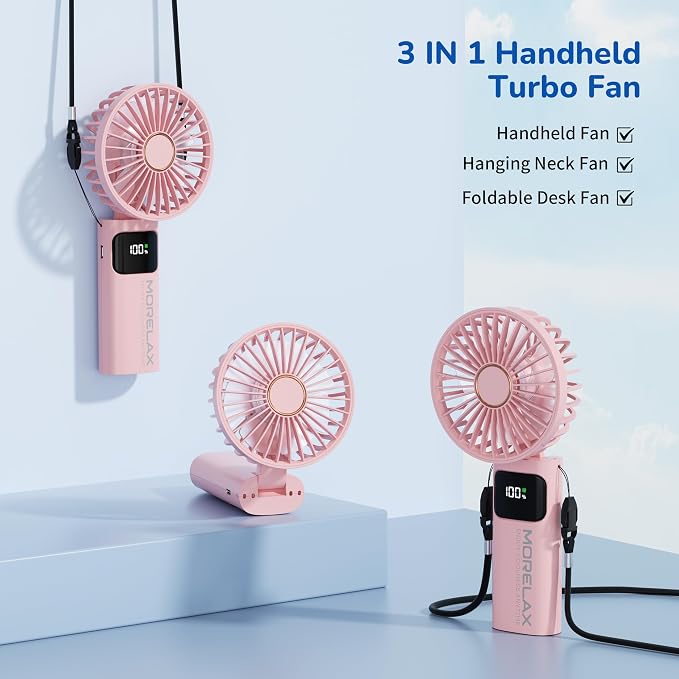 Portable Handheld Fan, USB Rechargeable Foldable Mini Personal Fan, 5200mAh, 180 Adjustable, 6 Speed Wind, 3 IN 1 Hand Cooling Desk Fan with LED Display for Home Office School Outdoor Travel, Pink - Image 4