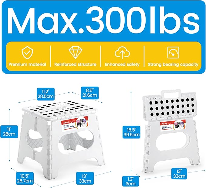 11 Inch Folding Step Stool for Kids, Non-Slip Foldable Stools, White | Heavy Duty Collapsible Foot Stool, Lightweight with Built-in Handle, Holds 300 lb for Adults Kitchen Bathroom Bedroom Outdoor - Image 4