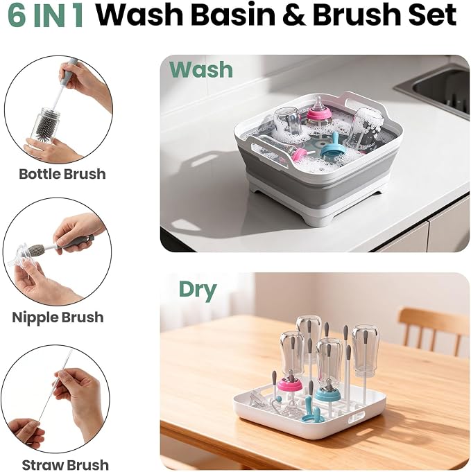 Volnamal Collapsible Wash Basin with Drying Rack & Drain Plug, Gray | Portable 2.4 Gal Dish Tub, Foldable Basin for Baby Bottle, Vegetable, Camping Sink, Kitchen, RV, Camp, Outdoor Space-Saving - Image 3