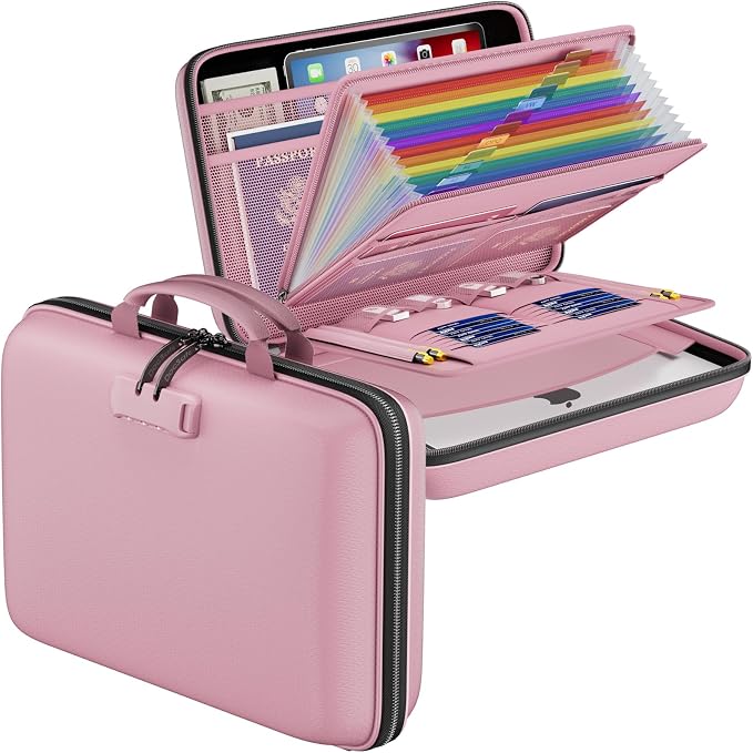 DocSafe Fireproof File Organizer with Lock, Hard-Shell Case Fireproof Document Box with 13 Pocket Accordion File Folder, Portable Home Office Travel Safe Storage for Important Documents Laptop Pink by DocSafe