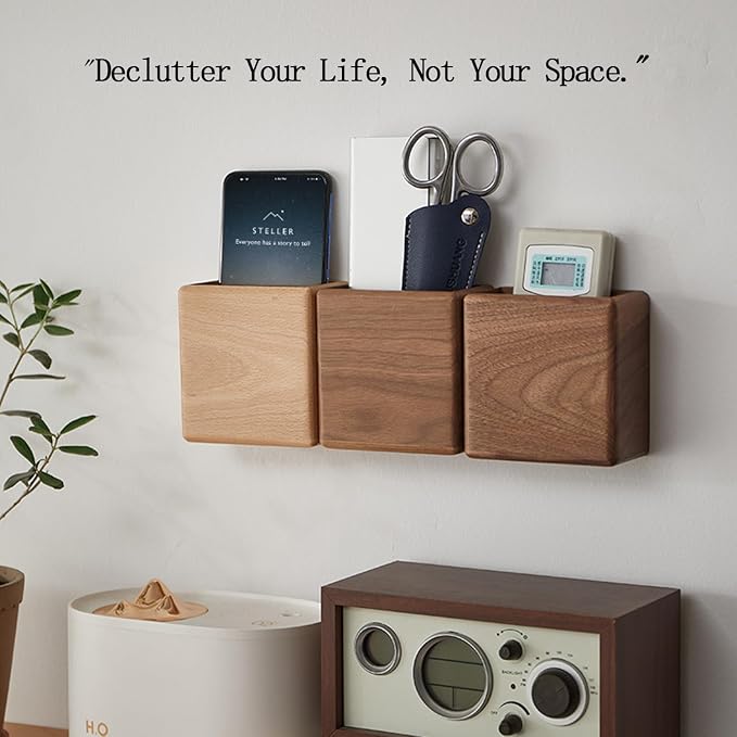 Remote Control Holder Wall Mount – Self-Adhesive No-Drill Walnut Wood Organizer – Wall Mounted Storage Box for Remotes, Phone & Keys – Home/Office Floating Shelf (1 Pack, Walnut) - Image 3