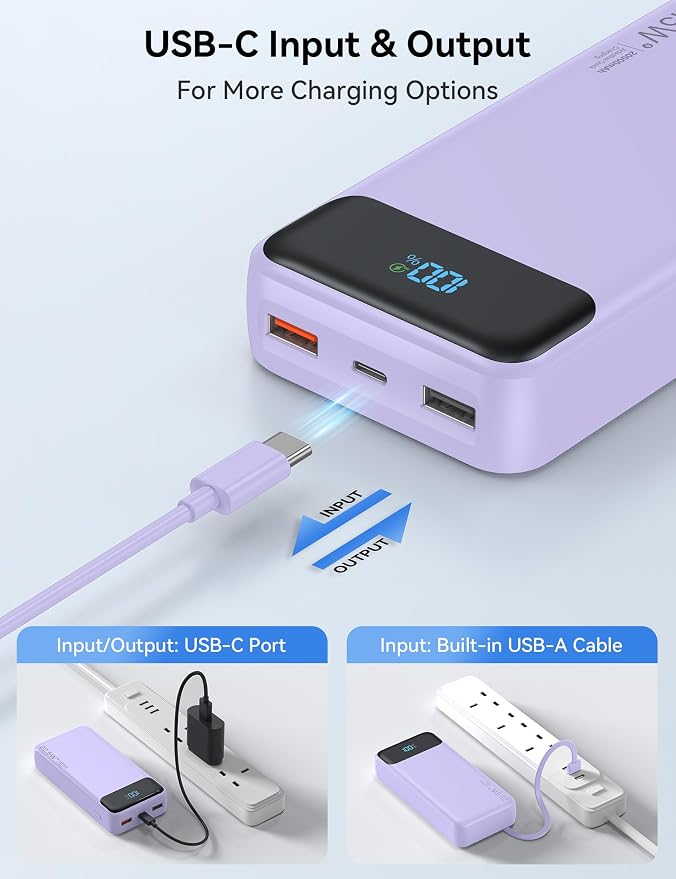 Nusyddy Portable Charger 20000mAh 22.5W w/4 Built-in Cables/6 Outputs Purp. | 22.5W Fast Charging, LED Display, Pass Through Charging, Charge 6 Devices at once, TSA Approved, Fits iPhone, iPad, Samsung - Image 6