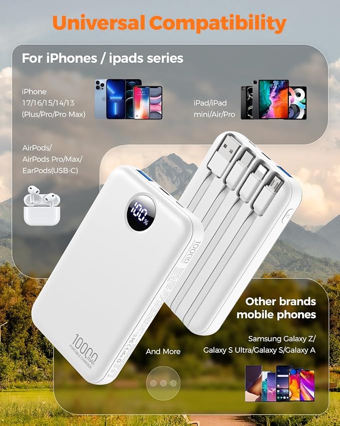 Portable Charger 10000mAh with 4 Built-in Cables 40% Smaller | Power Bank Fast Charging Battery Pack,LED Display Compact with Travel Charger for iPhone Other Devices-White - Image 4