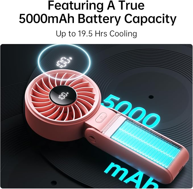 JISULIFE Portable Handheld Fan Life7: 3-in-1 Hand, Desk & Neck Fan-Pink | 19.5H Max Cooling, 5-Speed, LED Display, 5000mAh Rechargeable,USB Foldable Fan for Travel/Concerts/Cruise/Sports Events/Gifts - Image 4