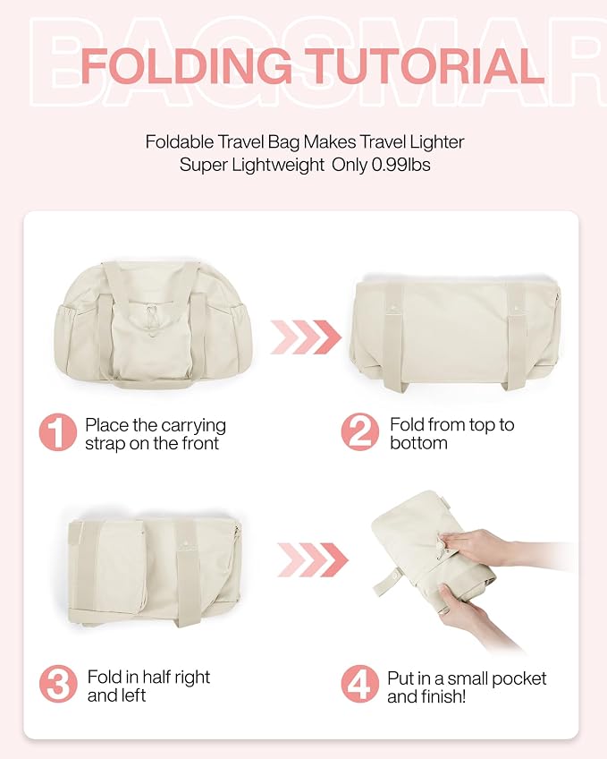 BAGSMART Foldable Travel Duffle Bag for Women, Gym Tote for Sports, Beige | 26L Airport Carry On Weekender Overnight Bag for Travel, Travel Accessories - Image 7