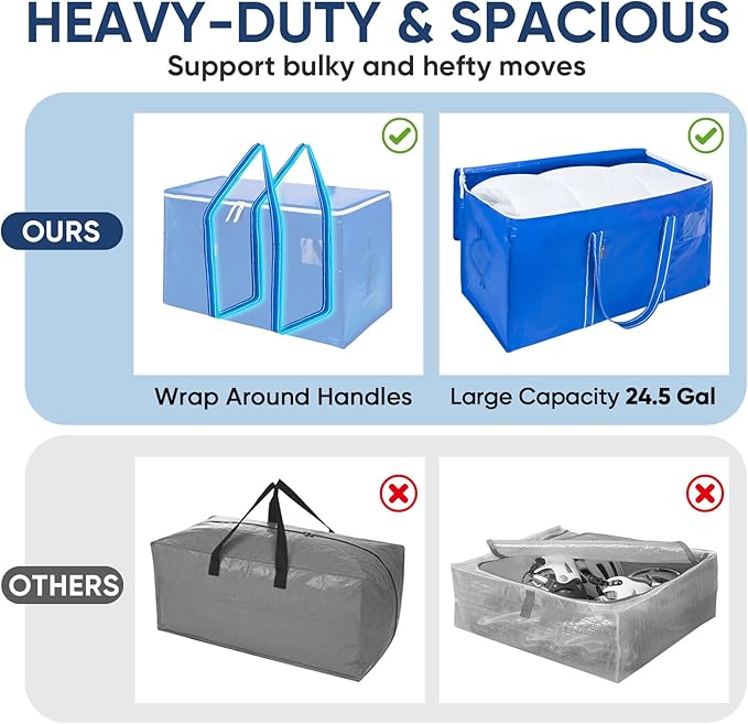 BALEINE 8-Pack Oversized Moving Bags with Reinforced Handles, Heavy-Duty Storage Tote for Clothes, Moving Supplies (Royal Blue, 8-Pack) - Image 4
