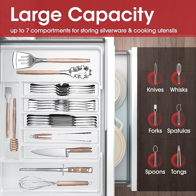 Aujen Silverware Drawer Organizer, Adjustable Utensil Cutlery Tray | Expandable Kitchen Organizer for Forks Knives, Multipurpose Kitchen Storage, Apartment Essentials, White, Large - Image 3