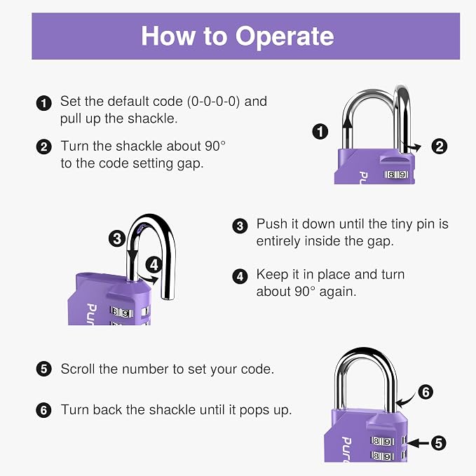 Puroma 1 Pack Combination Lock Locker 4 Digits Combo Padlock Gym Purple | For School Gate Fence Toolbox Hasp Storage, Outdoor, Resettable, Weatherproof, Side Window, Crack Cut Resist, Hardened Steel - Image 6