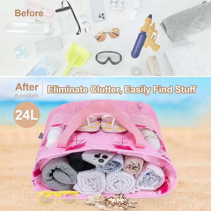 KABAQOO Large Beach Bag Waterproof Sandproof Tote Bag for Women with Zipper & Mesh Pockets for Pool Swim Travel Everyday | waterproof - Image 6