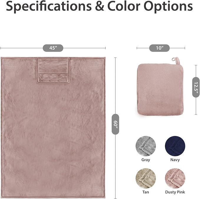 DEZ FURNISHINGS 4-in-1 Self-Storing Travel Blanket & Pillow, Soft Fleece Airplane Blanket with Luggage Sleeve & Backpack Clip, 60" x 45", Pink - Image 3
