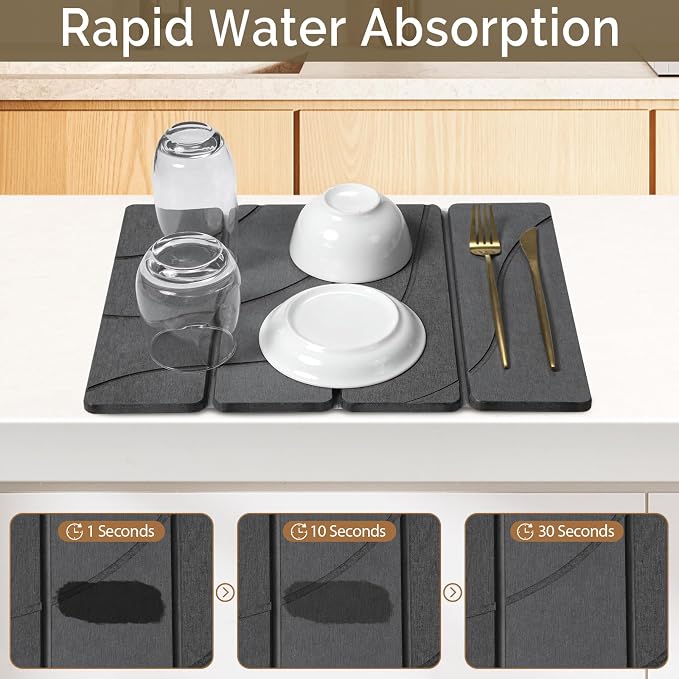 Small Stone Dish Drying Mat for Kitchen Counter, 2 PCS 16"×12" & 8"x4" Quick Dry Stone Mats, Foldable Water Absorbing Diatomite Drying Dish Pad for Countertop Bottles Utensils Cups(Carved Gray) - Image 3