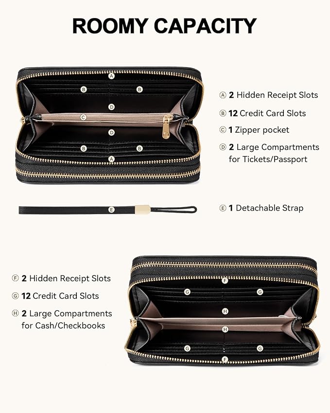 BOSTANTEN Wristlet Wallets for Women RFID Large Capacity Clutch Wallet | 24 Card Slots, 2 Zipper Pockets, Phone ＆ Card Holder, Zip Around, Hand Strap, Vegan Leather, Great Gifts - Image 7