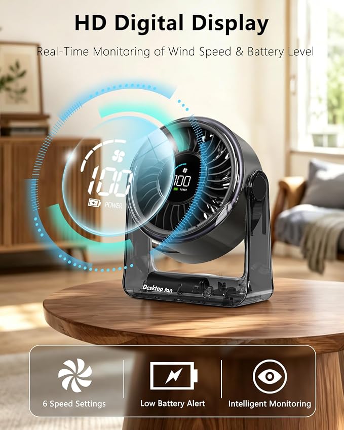 USB Small Quiet Desk Fan, Turbo Table Fan with Night Light, 6 Speeds Digital Display, 360° Rotation, 4000mAh Rechargeable Battery Air Circulator Desktop Fan for Bedroom Home Office, Black - Image 4