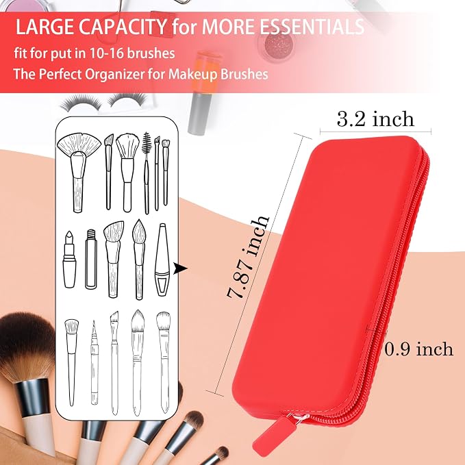 Travel Makeup Brush Holder, Waterproof Silicone Makeup Brush Bag with Zipper Closure, Soft Portable Makeup Brushes Organizer, Small Cosmetic Bag for Daily Work (Red) - Image 3