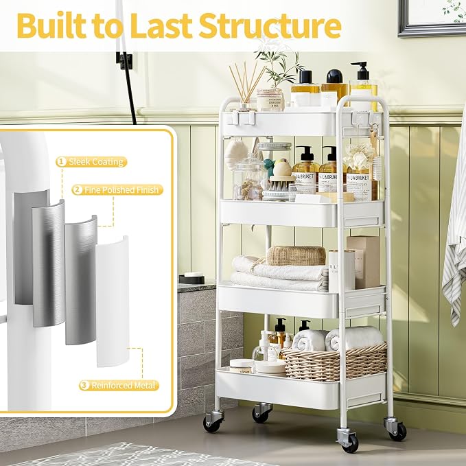 TOOLF 4 Tier Metal Rolling Cart, Utility Storage Cart with Wheels, White | Screwless Assembly, Lockable Metal Wheels, Trolley Organizer for Bathroom, Kitchen, Office, Dorm, Laundry, Craft Room - Image 5