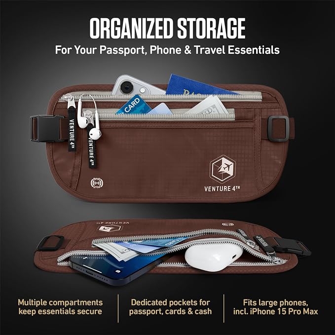 VENTURE 4TH Travel Money Belt, RFID Blocking Passport Holder - Brown - Image 5