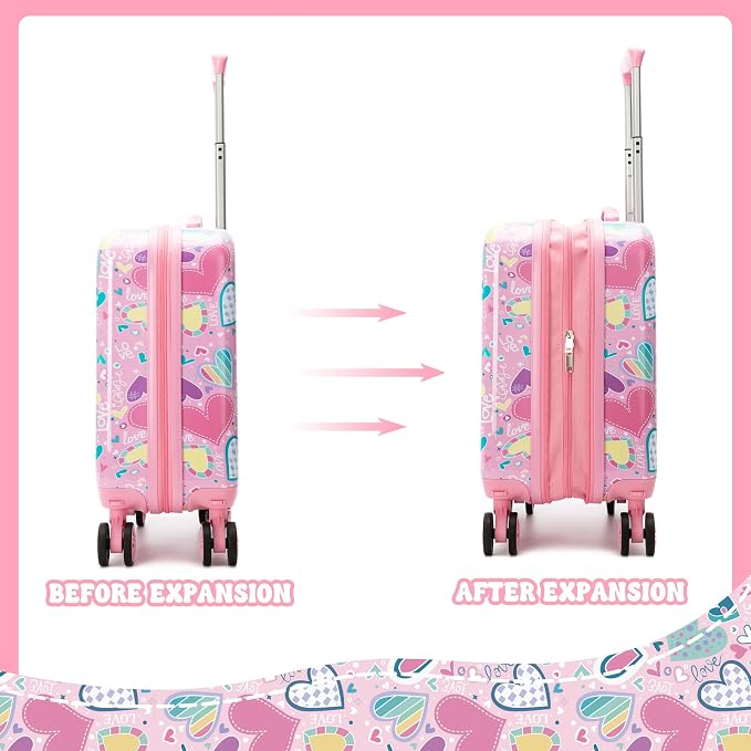 Kid's Luggage Set 5 Piece Suitcase Set 16" Hardside Luggage with Spinner Wheels Girls Carry on Toddler Travel Rolling Suitcase with Neck Pillow Airline Approved - Image 6