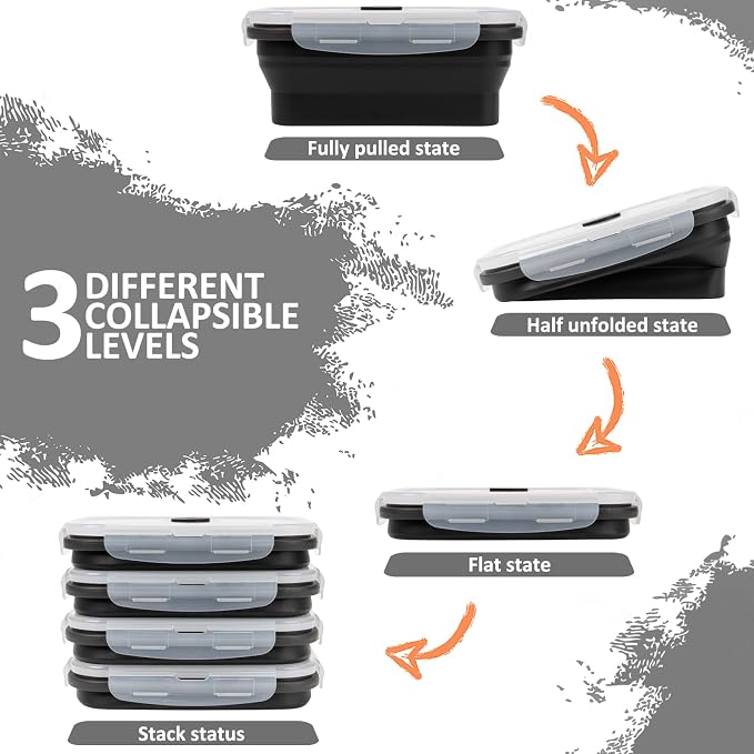 Collapsible Silicone Food Storage Containers Set with Lid & Air Vent,Foldable Lunch Containers(4PCS,Black,17oz) - Image 4