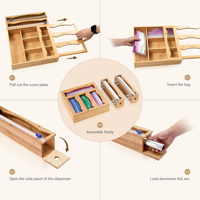 6-in-1 Bamboo Kitchen Drawer Organizer for Storage Bag, Foil & Plastic Wrap | Saran Wrap Dispenser with Cutter, Plastic & Grocery Bag Holder, Bamboo Drawer Organizer, Gallon/Quart Storage Bags - Image 3