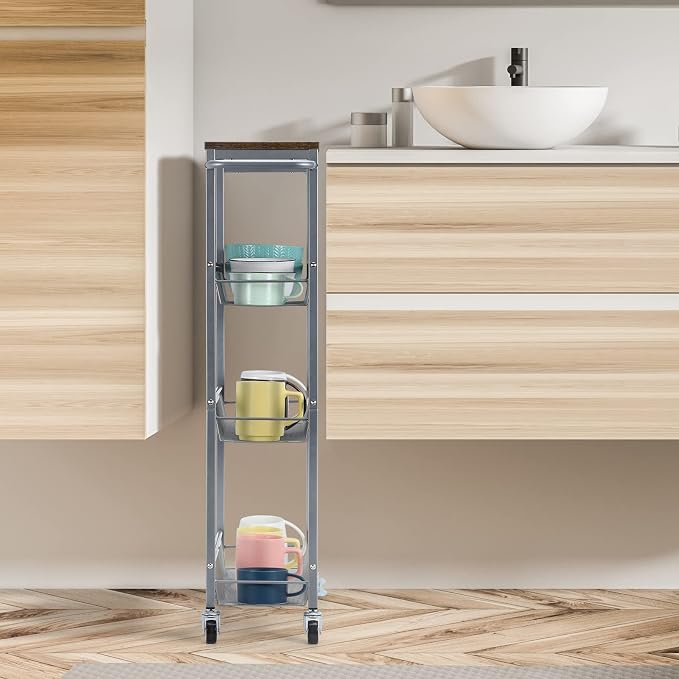 Slim Storage Cart, Metal Narrow Rolling Storage Cart for Kitchen, Silver | Wooden Top, Metal Handle, on Wheels, Shelving Unit for Small Space, Easy to Install. - Image 7