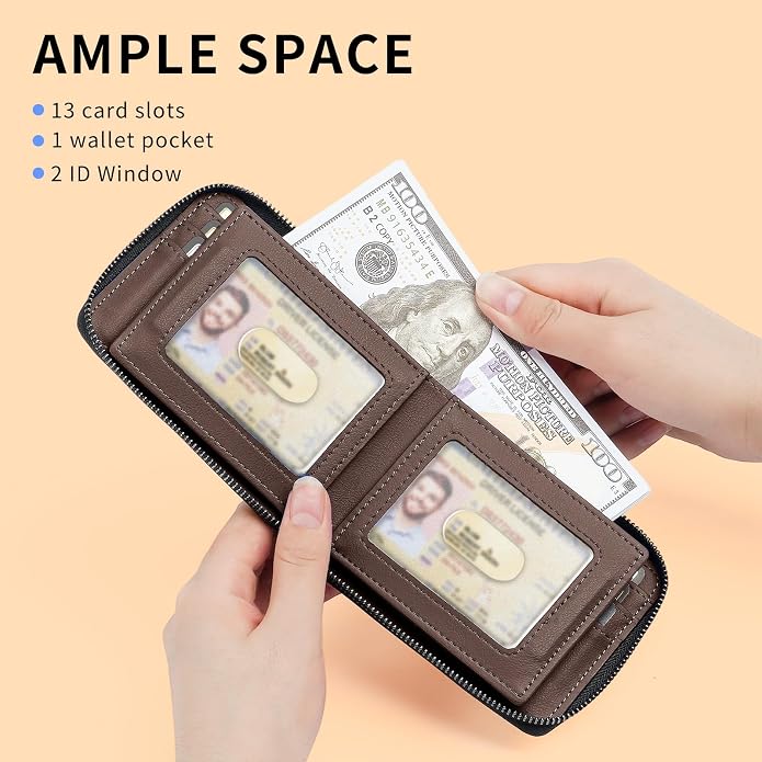 Men’s RFID Blocking Zipper Large Dimensions Wallet with 2 ID Windows - Large Capacity Design, 13 Credit Card Slots - Image 3