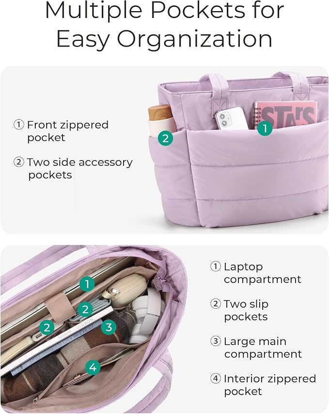 BAGSMART Tote Bag for Women, Lightweight Puffy Tote Bag with Compartments Shoulder Bag Handbag for Travel, Work, Gym | Lightweight - Image 5