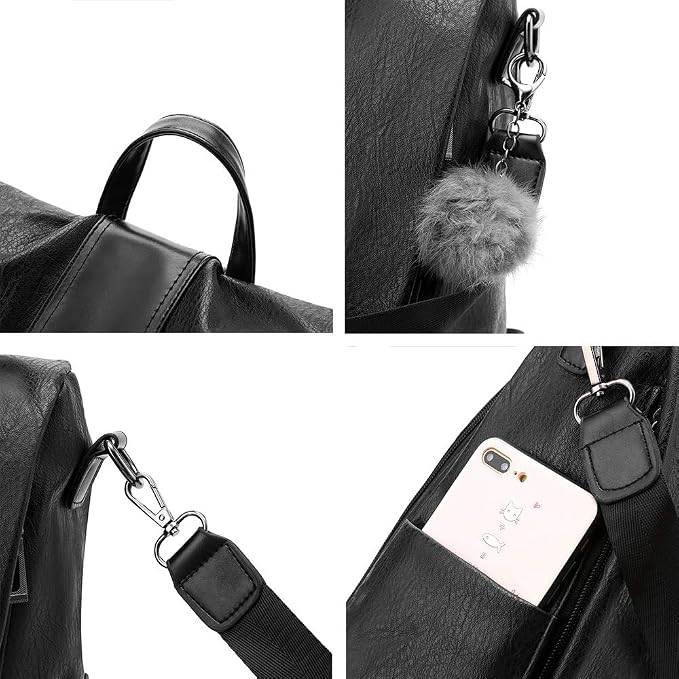 Women Backpack Purses PU Leather Anti-theft Rucksack Waterproof Daypack Casual Shoulder Satchel Bag (Black) - Image 6