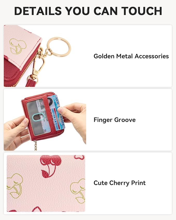 BOSTANTEN Credit Card Holder Small RFID Wallet Women with Keychain Wristlet | Compact, Accordion Design, Easy Organization, Fits Small Purses, Pebble Leather, Perfect Gifts, Cherry Print - Image 3