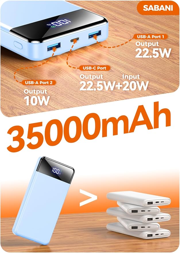 SABANI Portable Charger 35000mAh Power Bank, 4 Built in Cable Big Capacity | Ultra Slim, 22.5W Fast Charge, Travel Camping Essential, USB C External Battery Pack for iPhone Samsung Android, Azure - Image 8
