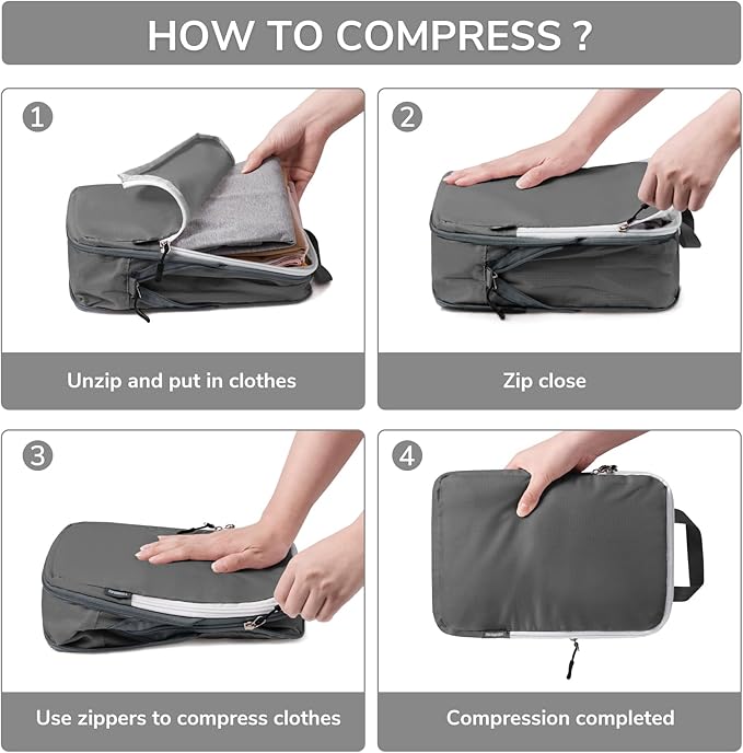 7 Set Compression Travel Packing Cubes for Suitcases, Grey | Travel Essentials for Suitcase, Luggage Organizer Bags for Travel with Shoe Bag, Travel Accessories Expandable Packing Cubes - Image 3