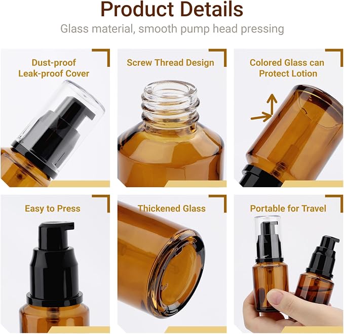 Segbeauty 1oz Frosted Empty Glass Pump Bottle Dispensers, 3 Pack 30ml Travel Size Pump Bottles, Reusable Lotion Container Foundation Bottle for Travel, Refillable Cosmetic Containers for Women Amber - Image 2