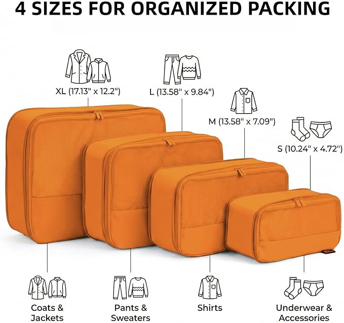 4 Piece Compression Packing Cubes for 3–7 Day Travel, Space Saving Travel Organizers with Breathable Mesh, Double-Zipper Packing Cubes for Carry-On & Suitcases (Orange) - Image 3