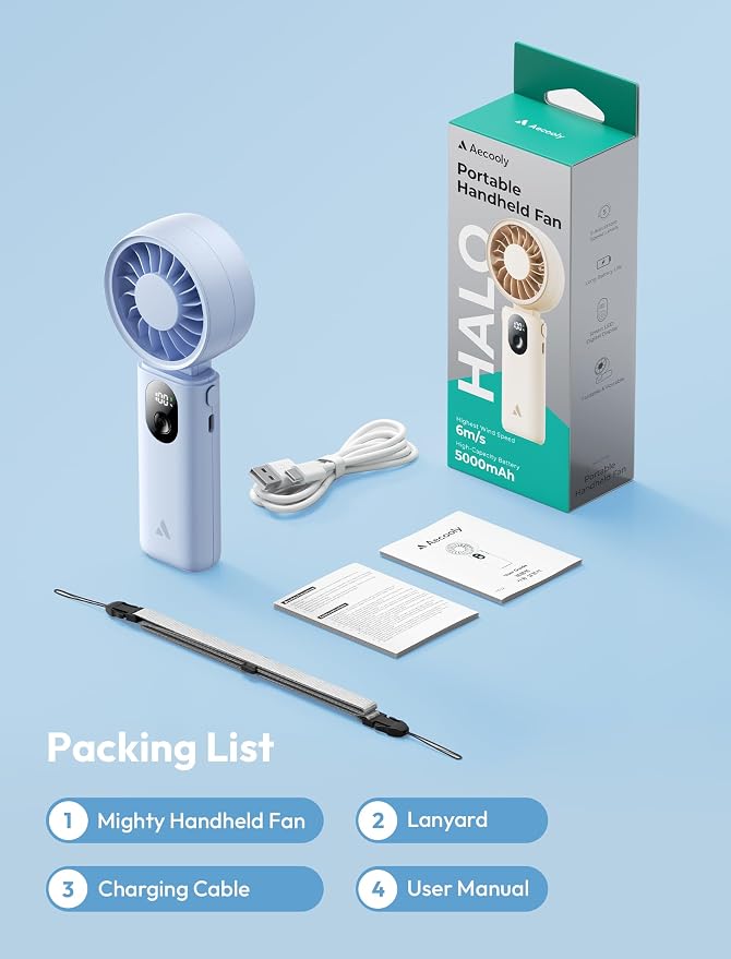 Aecooly Mighty Portable Handheld Fan | 26H Max Cooling | 3 Flexible Modes | 5 Speeds Wind | Battery Level Display | USB Rechargeable Mini Personal Battery Powered, Gifts for Women, Travel -Blue - Image 9