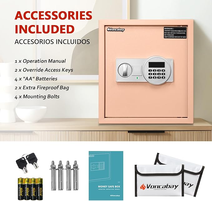 Voncabay Money Safe Box for Home with Digital Keypad, 1.5 Cu. Ft., Khaki | Alloy Steel, 2 Fireproof Bags, Digital Keypad with Display, Removable Shelf, Alarm System, 14 x 13 x 13 In. - Image 6