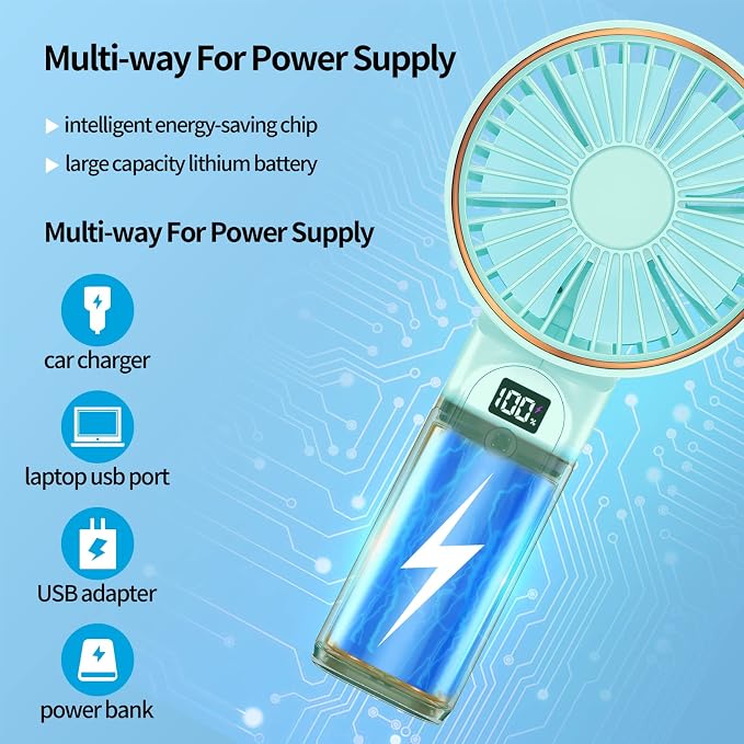 Peiyuu Portable Fan, 4000mAh USB Rechargeable, 180° Foldable Mini Desk Fan with 6 Wind Speed, LCD Digital Display, Lanyard as Neck Fan, Ultra Quiet - Image 5