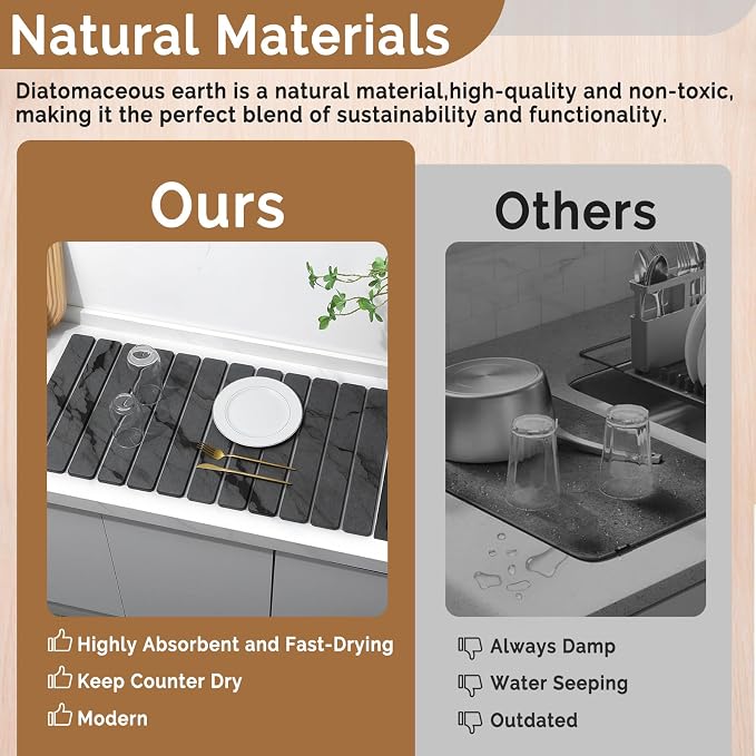 Extra Large Stone Dish Drying Mat for Kitchen Counter, Quick Dry Stone Dishes Mats, Foldable Water Absorbing Diatomaceous Drying Pad for Countertop Bottles Utensils Cups Bathroom(Dark Gray 32"×16"） - Image 7