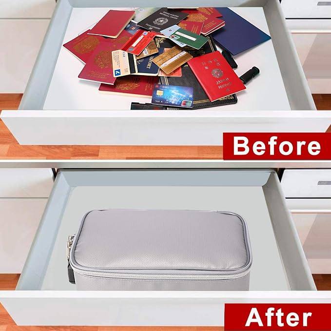 ENGPOW Small Fireproof Storage Organizer Case with Lock, 9”x 5.3”x 3.7” | Money Safe Wallet Carrying Bag with Multi-Pocket,Portable Home Travel for Cash,Card,Passport,Coin,Check,Bill,Soft Box,Silver - Image 7