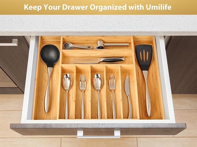 Large Expandable Kitchen Silverware Utensils Drawer Organizer, 2.5" Extra High Adjustable Drawer Divider with Curved Grooves, Bamboo Wood Cutlery Tray Flatware Holder - Image 6