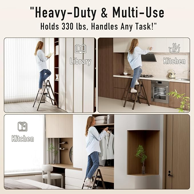 Mayi Plus 3 Step Stool Foldable, Aluminum, Lightweight Step Ladder | Extra-wide anti-slip folding steps with 330 lbs, for home,kitchen,office,outdoor,office,Walnut - Image 9