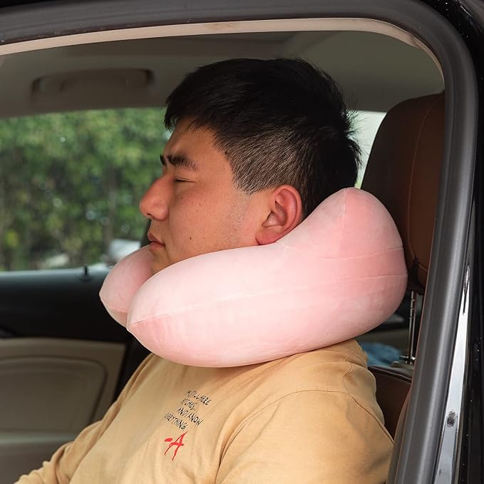 Inflatable Travel Pillow, Neck Pillow Support for Traveling, Airplanes, Cars, and Offices with Compact Carrying Bag, Soft Velvet Washable Cover, Ideal for Adult Sleepers (Pink) - Image 9