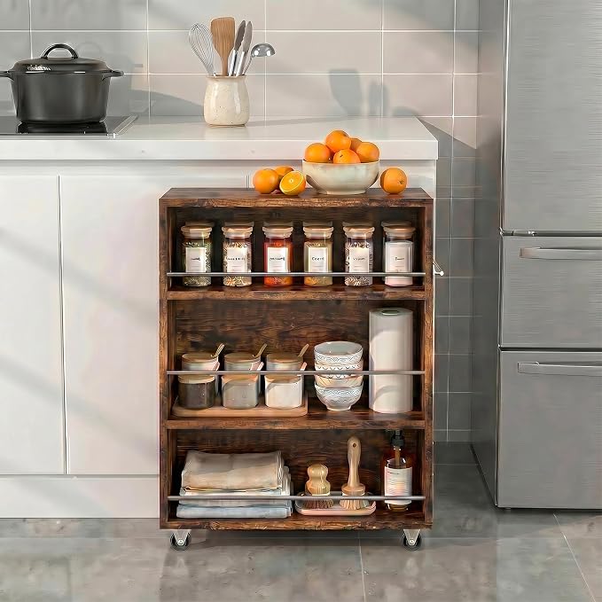 4-Tier Slim Rolling Cart with Wheels, 7.9"W Narrow Storage, Rustic Brown | 4 adjustable MDF shelves (20 lbs each), 360° casters + side handle, Fits kitchen, laundry, bathroom & dorm tight gaps - Image 8