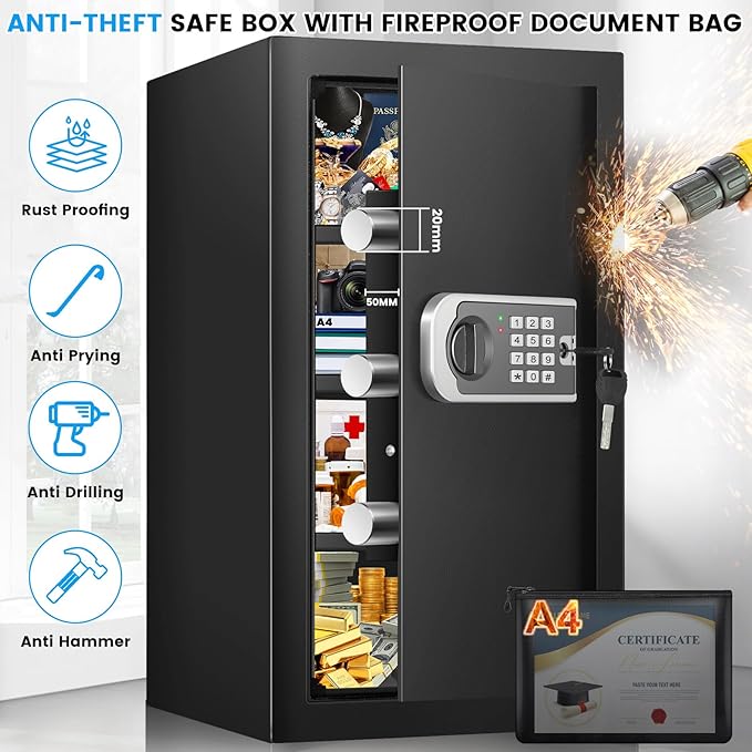 23.6" Tall Large Home Safe, 4.6 Cuft Safe Box with Fireproof Waterproof Bag | Security Safes for Home with Programmable Keypad Keys, Smart Alert, Mute Mode, Anti-theft Digital Safe fo Valuables - Image 3