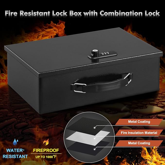 KYODOLED Fireproof Lock Box for Documents, Dual Combination and Key Lock Security with Carrying Handle, Metal Strong Safe Box to Keep Personal Items,Documents, Exterior 12.6" x 8.3" x 3.58", Black - Image 5