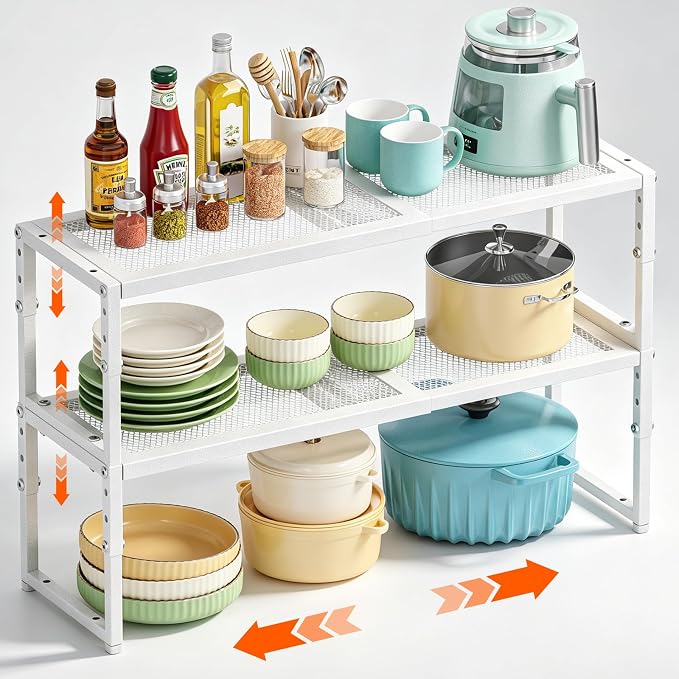 2 Pack Expandable Cabinet Shelf Organizer, Adjustable Kitchen Countertop Metal Storage Shelves Organizers, Stackable Kitchen Counter Pantry Cupboard Storage Rack, 30LBS Load Capacity,15.5"-25.5" Long by Cottage+Charm
